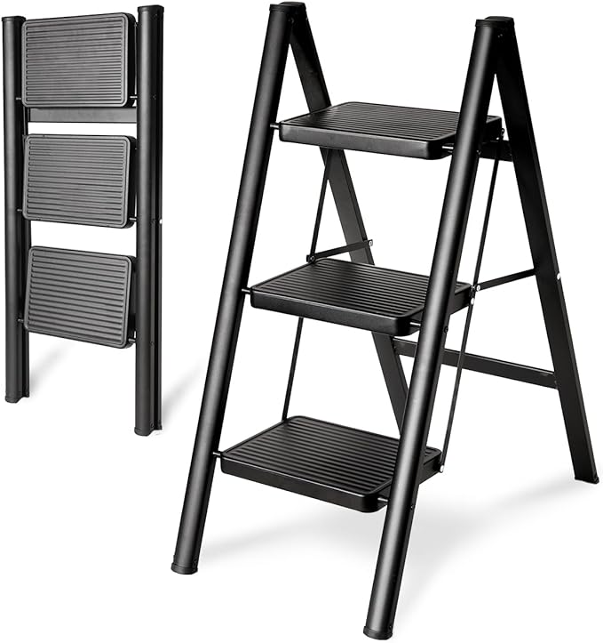 3-Step Folding Ladder, Heavy Duty Ladders for Home & Kitchen, Folding Ladder Easy to Store, Tall Ladder for Adults, Anti-Slip & Space-Saving Step Ladder, 330 Lbs Capacity