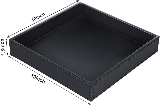 HofferRuffer Faux Leather Vanity Tray, Elegant Desktop Storage Organizer, Decorative Catchall for Perfume, Bathroom Valet, Nightstand or Dresser, 10" x 10" x 1.8" (Black)