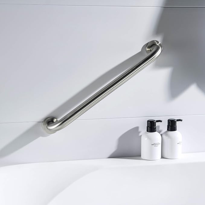 KIBI 18 Inch Stainless Steel Bathroom Safety Grab Bar | Curved Shaped Grab Bar for Bathtubs and Showers, Shower Safety Grab Bars for Seniors, Wall Mounted Anti-Slip Support (Brushed Nickel, KGB1018)