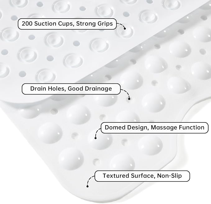 Wirhao Bathtub Mat Non Slip Shower Mat 39×16 Inches Bath Mat for Tub Machine Washable Tub Mat Large for Bathroom with Suction Cups and Drain Holes White