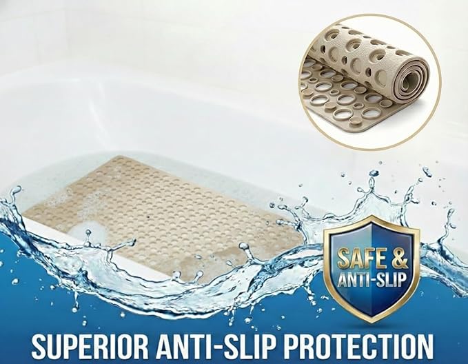 Nonslip Bathtub Mat Extra Soft TPE Bath Mat for Kids, Machine Washable Bathroom Shower Mat, Smooth/Non-Textured Tubs Only, 35L x 16W Inch (Light Brown)