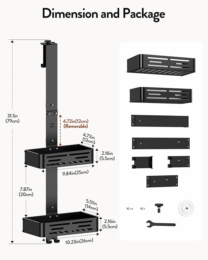 Orimade Aluminum Over the Door Shower Caddy, Rustproof Hanging Shower Organizer, Heavy Duty 44LB, Adjustable Height, Safe Rounded Edges, Bottom Plate to Hold Small Items, for Bathroom Storage, 2-Tier