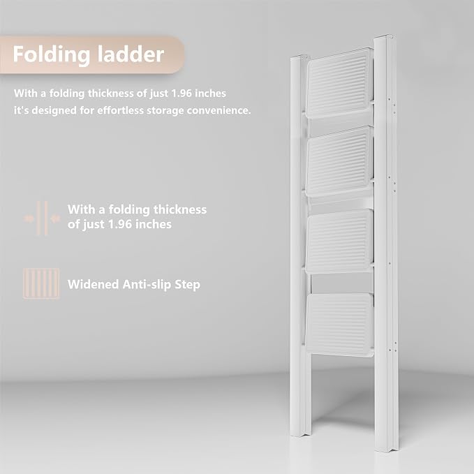 White Step Ladder White 4 Step Folding, Sturdy 330 Lbs Small Step Stool for Adults, Closet Step Stool Ladder with Anti-Slip Wide Pedals, Portable Folding Ladder for Home Kitchen Office