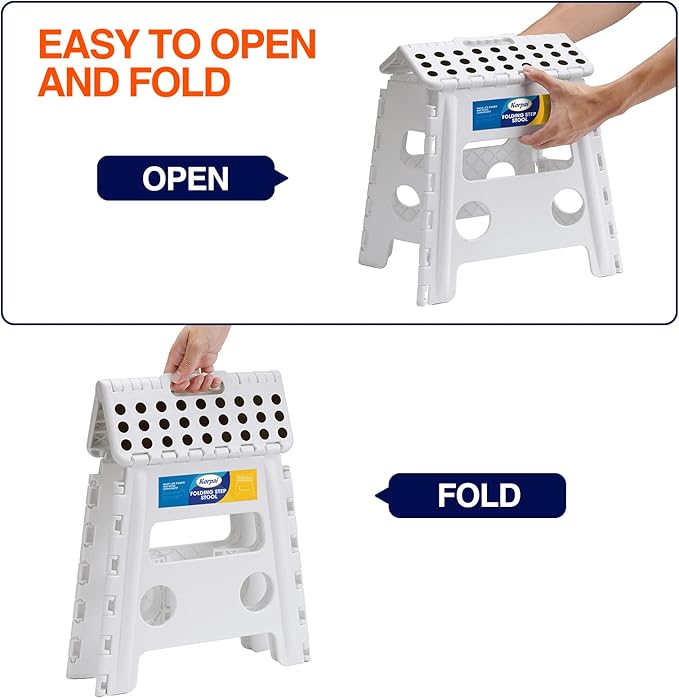 Korpai 13" Folding Step Stool for Adults and Kids Holds Up to 300 lbs,Non-Slip Folding Stools with Portable Handle, Compact Plastic Foldable Step Stool for Bathroom,Bedroom, Kitchen,White,1PC