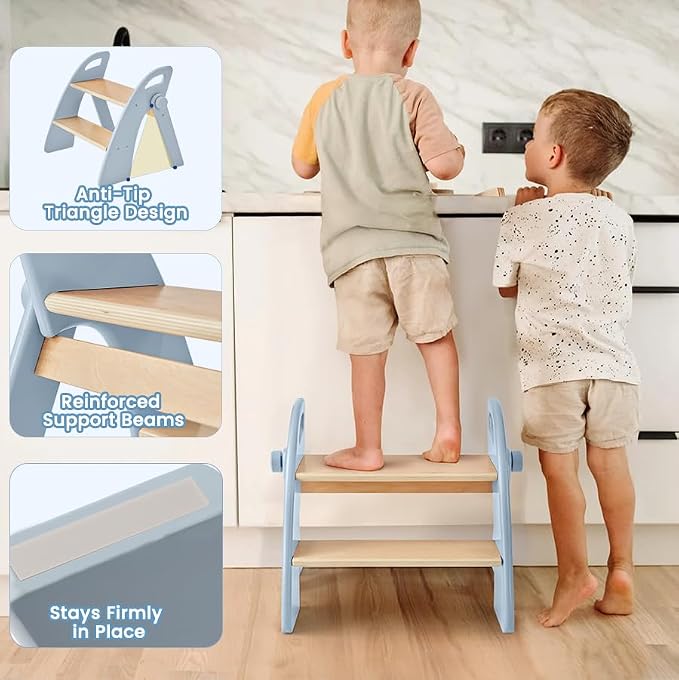 Wooden 2 Step Stool for Toddlers, Foldable 2-Step with Non-Slip Pads and Handles, Bamboo Step Stool for Kids Bathroom Sink and Potty Training, Kitchen Helper, Nursery Bedroom(Blue)