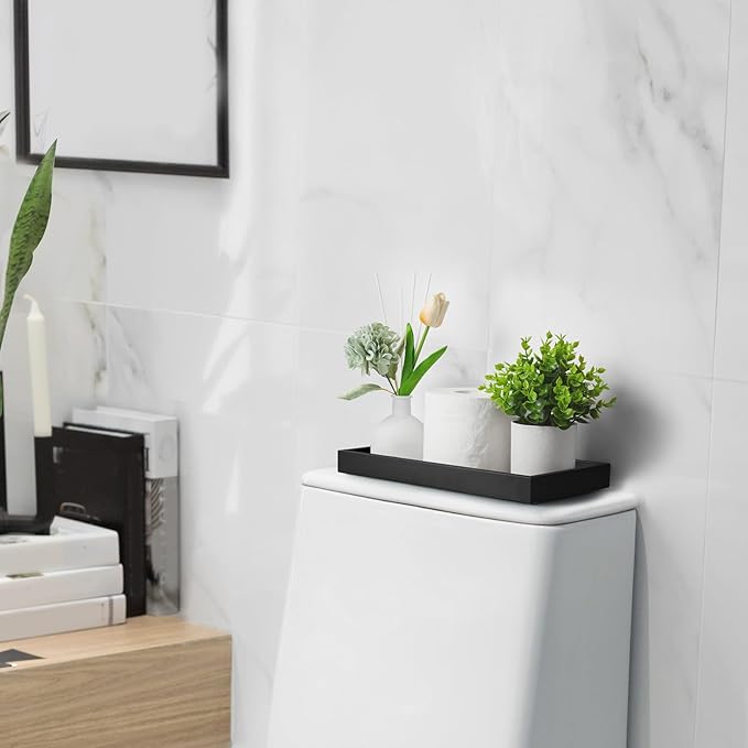 ALELION 13" Bathroom Vanity Tray for Counter - Black Wood Tray for Toilet Tank Makeup Perfume Jewelry Catchall Coffee Table - Wooden Kitchen Countertop Organizer for Soap Dispenser