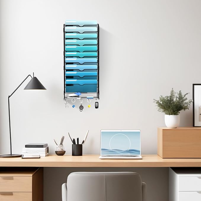 11 Tier Wall File Organizer - Hanging File Organizer with 5 Hooks, Mail Holder Wall Mounted for Papers, Folders, Magazines, Bills, Office&School Organization, Black