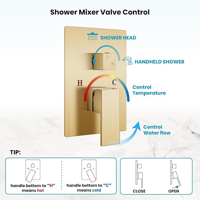 gotonovo Rainfall Bathroom Shower System Rain Shower Head and Handle Set Wall Mounted Shower Complete Combo Solid Brass Pressure Balancing Shower Mixer Valve 10 Inch Brushed Gold