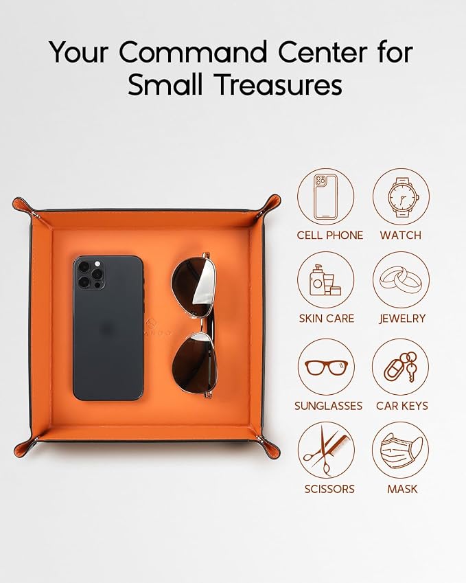 VLANDO Valet Tray for Men Women, Vanity Trays Catchall Tray for Dresser Top Desk Storage Bedside, Travel PU Leather Tray Jewelry Key Phone Coin Change Watches and Candy Holder Sundries Entryway Tray