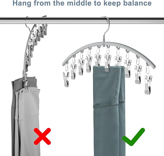 Volnamal Legging Organizer for Closet, Metal Yoga Pants Hanger w/Rubber Coated 2 Pack w/10 Clips Hold 20 Leggings, Hangers Space Saving Hanging Closet Organizer for Closet Organizers and Storage-Grey