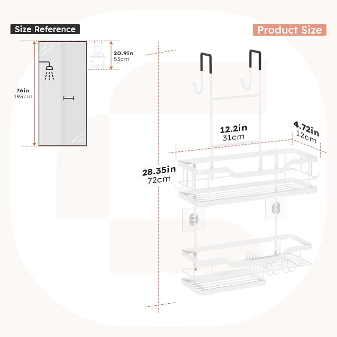 Consumest Over Door Shower Caddy - 2 Tier Shower Shelves Hanging with Soap Holders, Large Capacity Shower Organizer with 4 Hooks, Bathroom Rack and Storage, White