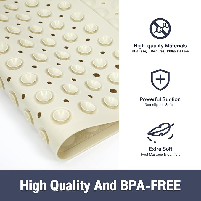 Beige Square Shower Bathtub Mat Non Slip 21x21 Inch, Soft Bath Mat for Inside Shower Tub, Shower Stall Mats for Bathroom Floor, Big Suction Cups Drain Holes, Easy Washable and Dry, BPA-Free