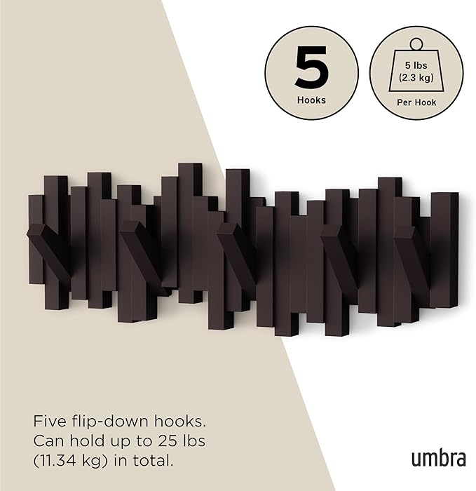 Umbra Sticks Wall-Mounted Coat Rack Rail Hook with 5 Retractable Pegs – Modern, Space-Saving Storage Organizer, Espresso