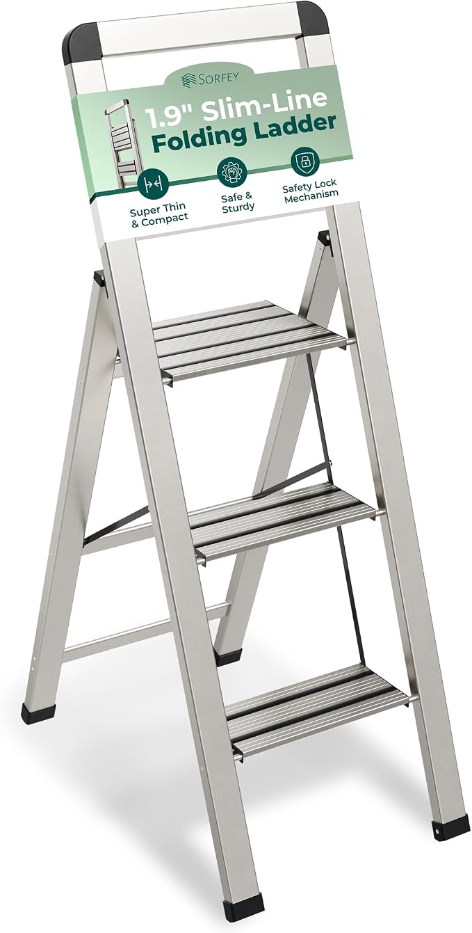 Step Ladder 3 Step Folding, Decorative - Modern Beautiful Silver Aluminum,Lock Mechanism, Ultra Slim Profile, Anti Slip Steps, Sturdy-Portable for Home, Office, Kitchen, Photography Use,by SORFEY