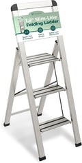 Step Ladder 3 Step Folding, Decorative - Modern Beautiful Silver Aluminum,Lock Mechanism, Ultra Slim Profile, Anti Slip Steps, Sturdy-Portable for Home, Office, Kitchen, Photography Use,by SORFEY