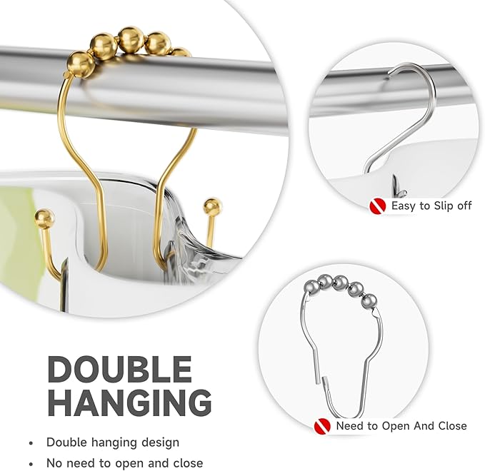 Bathway Shower Curtain Hooks, Shower Curtain Rings Rust Proof Double Hook Shower Curtain Hooks, 12 Pcs Dark Gold Shower Hooks for Shower Curtain, Shower Rings for Curtain, Metal Shower Rod Hooks