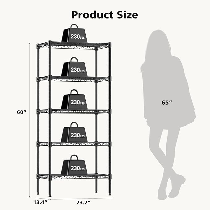 DUMOS 5-Tier Metal Wire Storage Shelves, Adjustable Standing Storage Rack Shelf, Heavy Duty Steel Shelving Unit Organizers for Kitchen Bathroom Pantry Garage, 23.2" Wx13.4 Dx59.8 H, Black