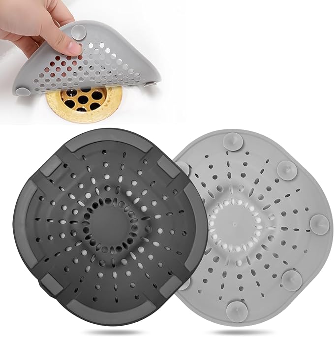 Hair Catcher Square Silicone Hair Stopper Shower Drain Hair Catcher with Suction Cup Easy to Install and Clean Suit for Bathroom Bathtub and Kitchen(Upgraded Strong Suction 2 Pack(Traffic Black Grey)
