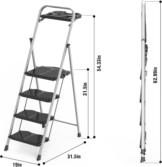 4 Step Foldable Step Ladder with Roomy Tool Tray, Platform Ladders Stepstools, Step Stool 4 Step Folding with Wide Non-Slip Pedals and 800lbs Bearing Capacity for Adults, Home, Kitchen, Black Gray