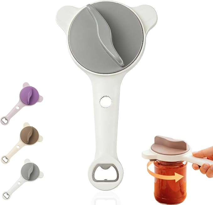 4-in-1 Jar Opener Adjustable Stainless Steel Lid Remover for Seniors and Those With Limited Strength Works, Fits Kitchen Beer, Sauces & Canned Goods（Gray）