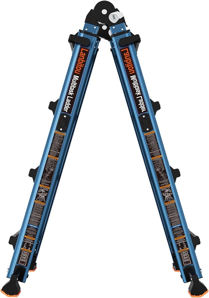 LANBITOU Ladder, A Frame 4 Step Ladder Extension, 14 FT Anti-Slip Multi Position Ladder, Storage Folding Ladder, 300 lbs Security Load Telescoping Aluminum Ladders for Stairs Home Indoor Outdoor Roof