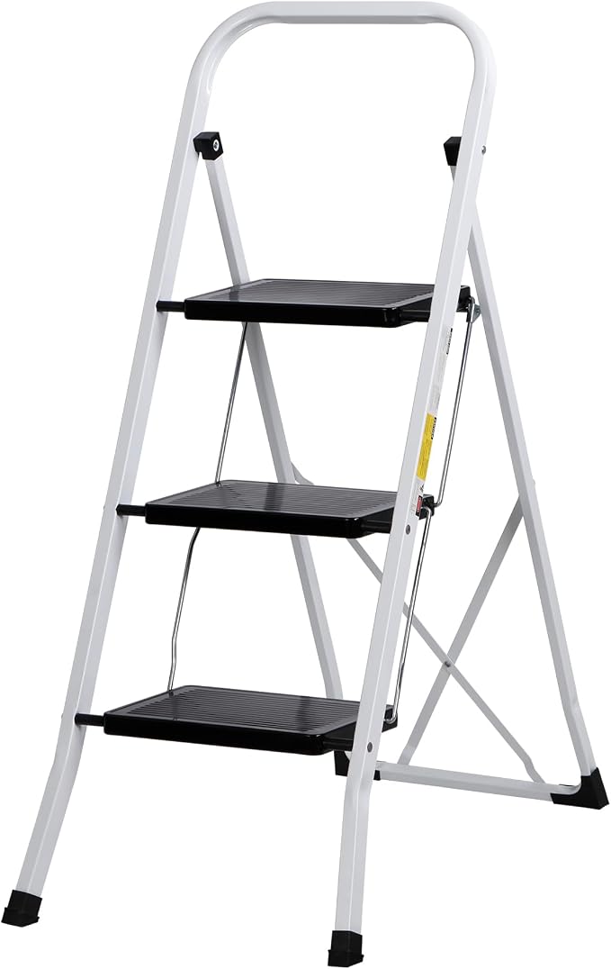 ZENY 3 Step Ladder Folding Step Stool with Wide Anti-Slip Pedal, Convenient Handgrip, Portable Steel Step Stool, 300 lbs Sturdy Steel Ladder for Household and Office, White