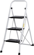 ZENY 3 Step Ladder Folding Step Stool with Wide Anti-Slip Pedal, Convenient Handgrip, Portable Steel Step Stool, 300 lbs Sturdy Steel Ladder for Household and Office, White