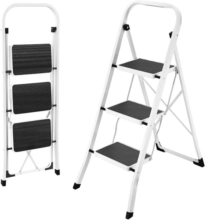 HBTower Step Ladder 3 Step Folding Ladder, Lightweight Portable Stepladder with Anti-Slip Pedal, Ladders with Convenient Handrails,330 lbs Capacity Step Stool for Kitchen, Home,White