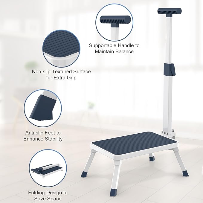 Folding Step Stool, Step Stools with Handle for Elderly Adults, Metal Stepping Stool with Adjustable Handrail in Kitchen, Bathroom, Bedroom, 330 Lbs Capacity