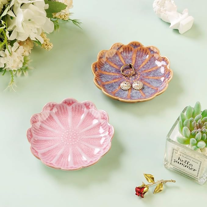 Lotus Ring Holder Dish Small Indoor Ash Tray, Ceramic Dessert Plate Trinket Jewelry Holder Organizing Necklace Earrings for Parents Friends Sister, Deep Purple. All Jewelries Are NOT Included.