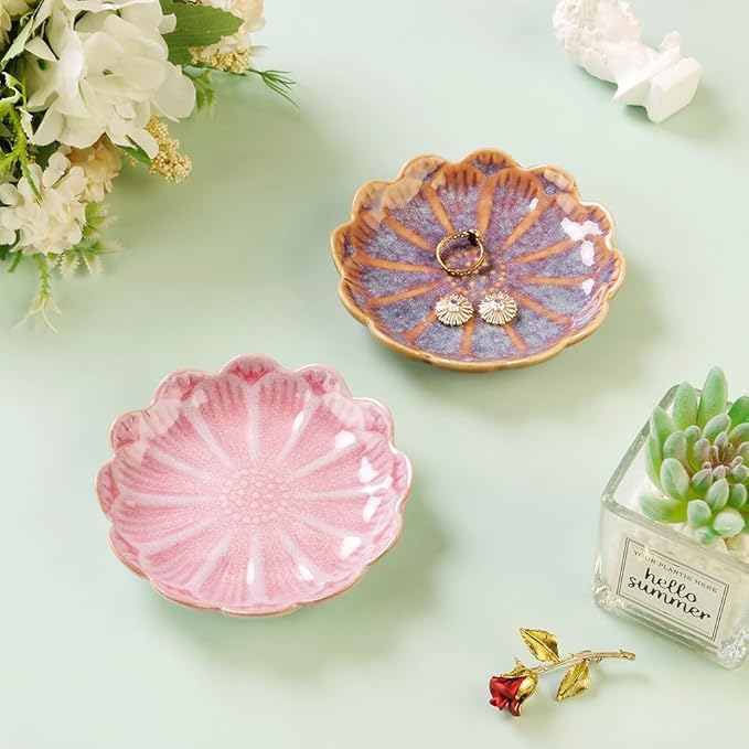 Lotus Ring Holder Dish Small Indoor Ash Tray, Ceramic Dessert Plate Trinket Jewelry Holder Organizing Necklace Earrings for Parents Friends Sister, Pink. All Jewelries Are NOT Included.