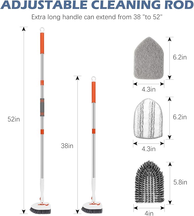 SetSail Tile Tub Scrubber Brush 3-in-1 Shower Scrubber with 52-inch Adjustable Long Handle Shower Cleaner Brush and 3 Detachable Replacement Brush Heads for Cleaning Bathroom Kitchen Walls Tub Tile