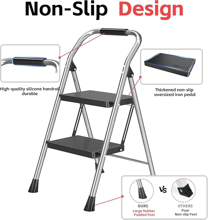 600Lbs Heavy Duty Step Ladder Foldable Folding Stool - for Home Adults Kitchen 2 Stepping Extension Tall with Handrails - Closet Stepstool Stair Ladders Extendable Stepladder for Indoor House