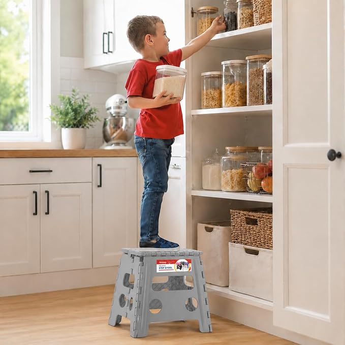ACSTEP Folding Step Stool 13'' Foldable Step Stool for Kids and Adults Up to 300 lbs, Non-Slip Folding Stools with Portable Handle for Bedroom Kitchen, Bathroom Grey