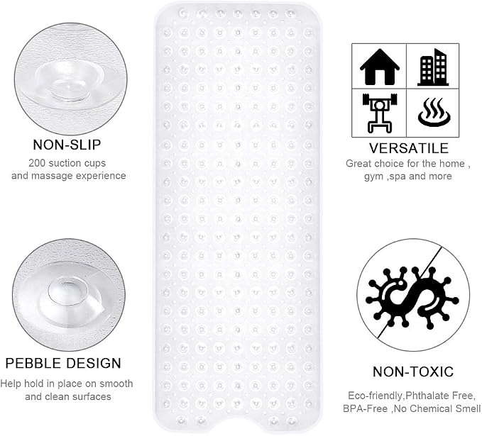 YINENN Bath and Shower Safety Mats 40x16 inch, Non Slip with Suction Cups for Bathroom Stall and Tub Floor, Extra Large and Machine Washable, Drain Holes Keep Bathtub Clean, Clear