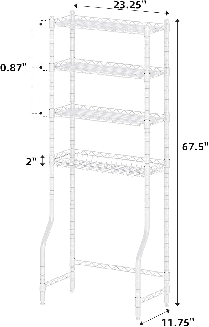 Simple Trending 4 Tier Over The Toilet Storage Rack, Bathroom Organizers and Storage Over Toilet with Adjustable Shelf and Basket, White