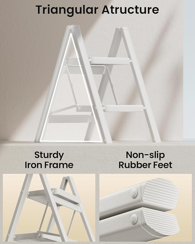 SOLADDER Step Stool, 2 Step Ladder with Anti-Slip and Wide Pedal, Portable Iron Foldable Stepladder for Home and Kitchen, 300lbs - White