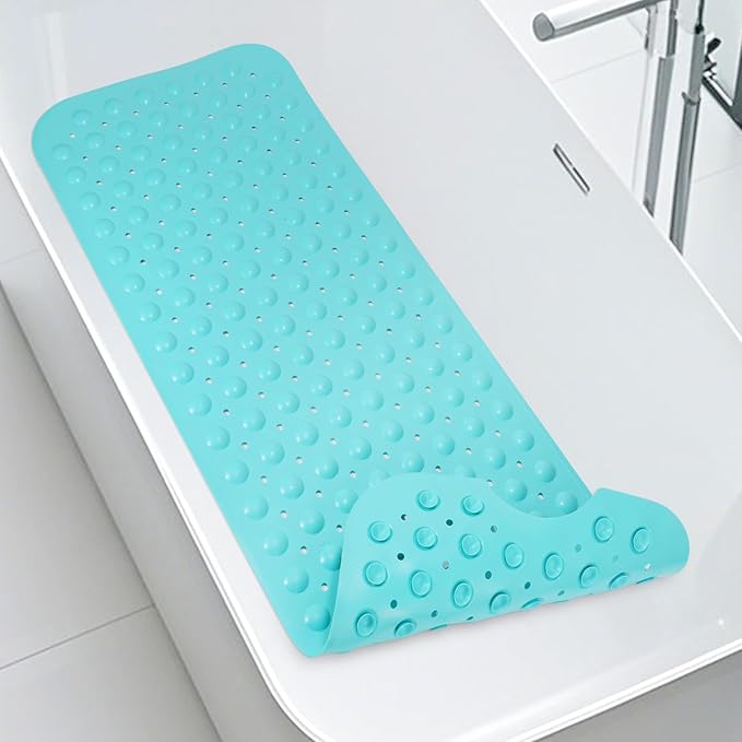 WarmSnow Long Bathtub Mat Non Slip 39.5 x 16 Inch, Inside Shower Mats with Suction Cups & Drain Holes, Soft TPE Bath Mat for Tub, Quick-Drain Bathroom Floor Mats, Blue