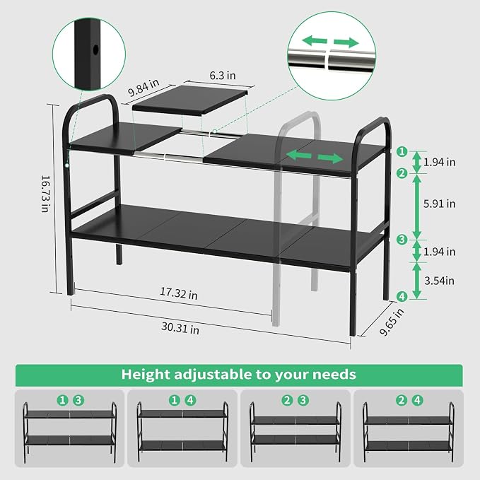 Expandable 2-Tier Under Sink Organizer, 8 Removable Plastic Boards, Tool-Free Installation (Black, 2-Tier 8 Boards)