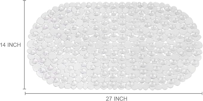 WELTRXE Pebbles Bath Mat Clear Non-Slip Bathtub Mat with Suction Cups, Drain Holes for Bathroom Showers, Tub, Machine Washable, BPA, Latex Free Safe Shower Mats, Oval 27 x 14 Inch