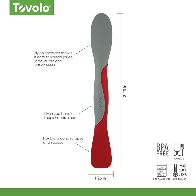 Tovolo Mini Scoop and Spread Tool for Kitchen Meal Prep Small Sandwich Spreader Spatula for Peanut Butter Jelly, Silicone BPA Free Dishwasher Safe Scooper Spreader, Cayenne Red and Oyster Gray