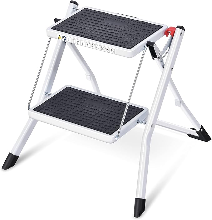 KINGRACK Folding Step Ladder, 2 Step Foldable Step Stool, Portable Stepladder with Handle, Non-Slip Rubber Mat, Release Button, Small Household Stepping Stool for Home Kitchen, for up to 330lbs, White