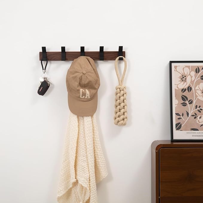 Coat Rack Wall Mount - 16.9 Inches Coat Rack Wall Mount with 5 Hooks Walnut Wood Coat Hooks Wall Mounted Rustproof Coat Hanger Black Aluminum Wall Hooks for Hanging Coat Hat Backpack Key