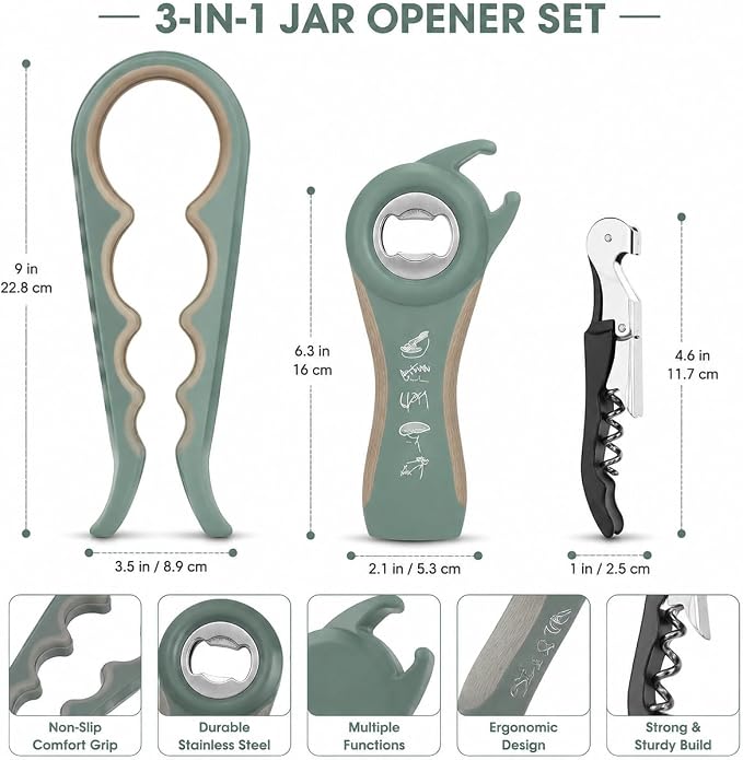 Opener | 5-in-1 Non-Slip Bottle Opener for Weak hands, Seniors with Arthritis and Anyone with Low Strength, featuring a leverage opener, a can opener, and a wine bottle opener