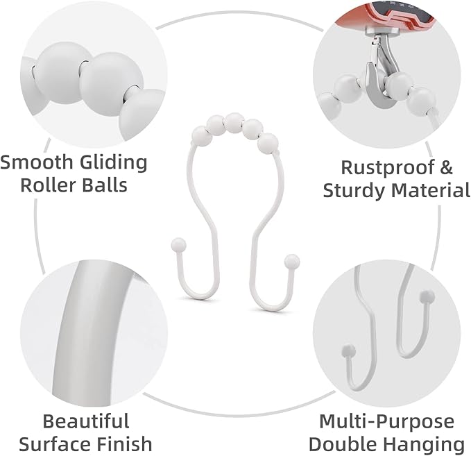 Bathway White Shower Curtain Hooks and Rings - Rust Proof, Smooth Glide, Double Hooks, 12 Pcs