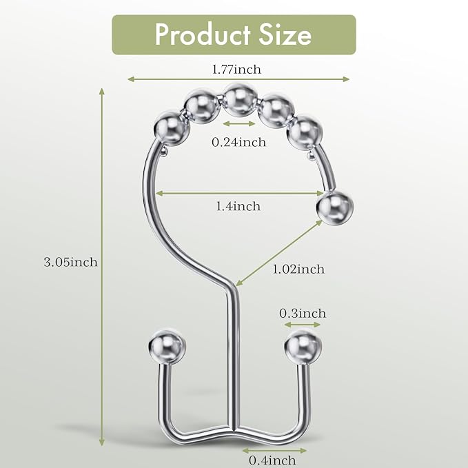 Amazer Shower Curtain Hooks Rings, Rust-Resistant Stainless Steel Double Shower Curtain Hooks, Shower Hooks for Shower Curtain and Liner Bathroom, Set of 12, Chrome