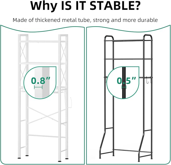 Kalrin Over The Toilet Storage with X Shape Side Guardrail, 3-Tier Over Toilet Storage Rack with Drain Basket, Freestanding Bathroom Organizer for Balcony Laundry, Pure White