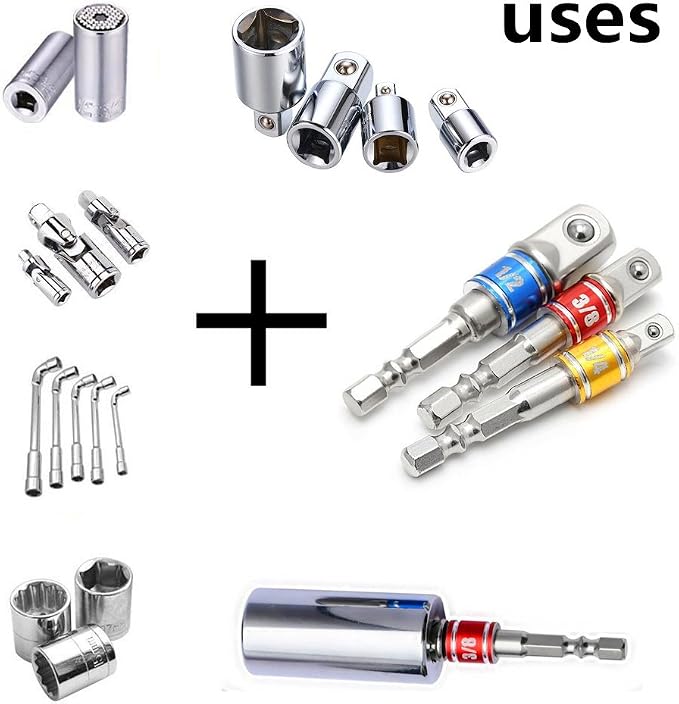CIGOTU Impact Grade Socket Adapter/Extension Set Turns Power Drill Into High Speed Nut Driver,1/4-Inch Hex Shank to Drive for Adapters to Use with Drill Chucks, Sizes 1/4" 3/8" 1/2", Cr-V, 3-Piece