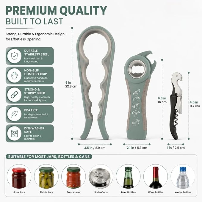 Opener | 5-in-1 Non-Slip Bottle Opener for Weak hands, Seniors with Arthritis and Anyone with Low Strength, featuring a leverage opener, a can opener, and a wine bottle opener