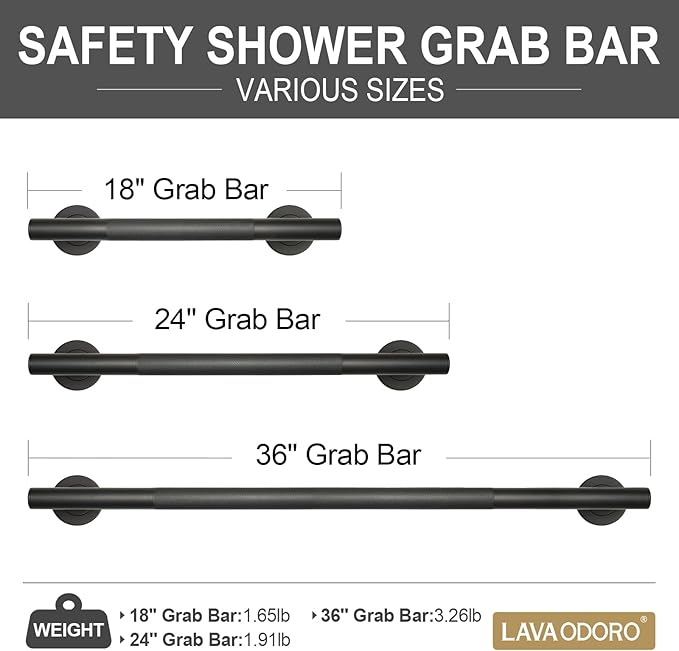 Lava Odoro Black Shower Grab Bars, 3 Pack Stainless Steel Bathroom Safety Grab Bar 36" 24" 18", Upgrade Anti-Slip Knurling Shower Grab for Bathtub, Shower Handles for Elderly Handicap, ADA Compliant